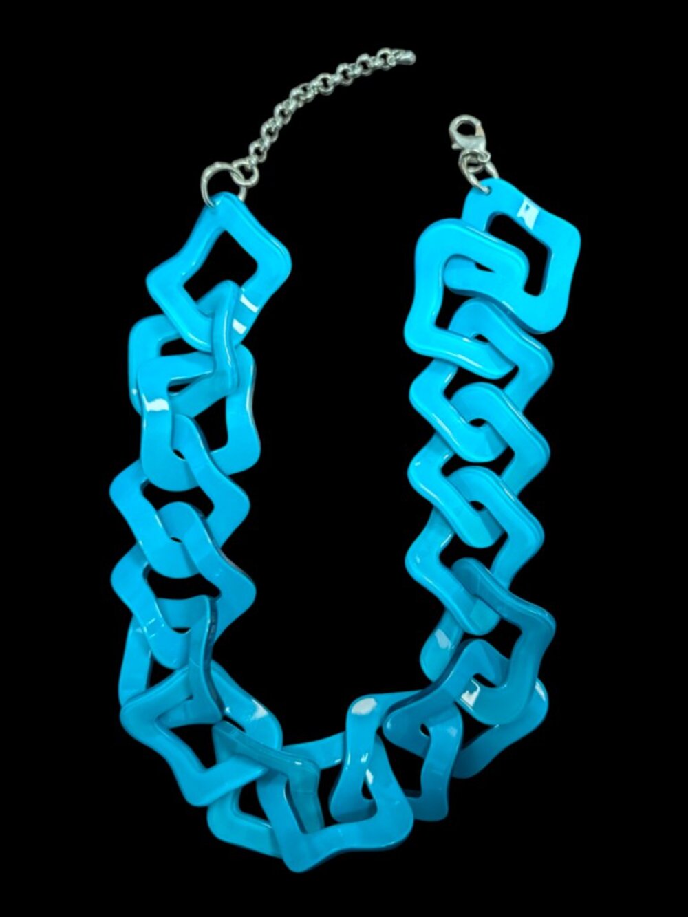 Zenzii Blue Lucite Link Silver Tone Clasp Chunky Statement Necklace 23.5"